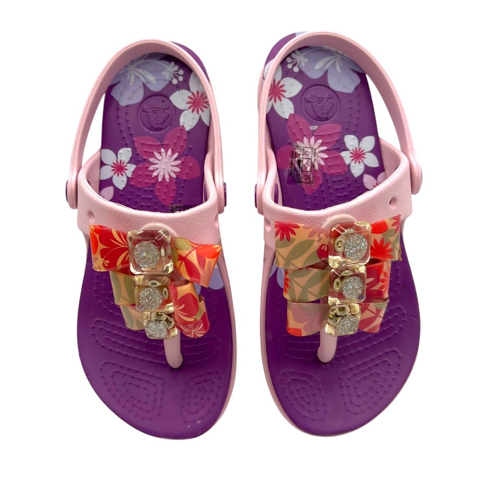 Crocs Isabella Bow Sandal Girls Pink Purple Floral Jelly Flip Flop Shoes C 12/13